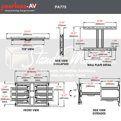 Peerless-AV Articulating Wall Mount for Extra Large Screens PA775, articulating TV wall mount dimensions diagram