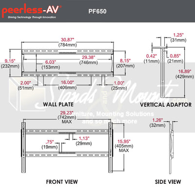 Peerless-AV PARAMOUNT Large Universal Flat TV Mount PF650, low-profile TV wall mount technical dimensions diagram