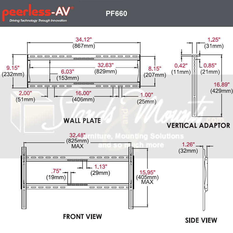 Peerless-AV PARAMOUNT Extra Large Universal Flat TV Mount PF660, flat display wall mount dimensions diagram