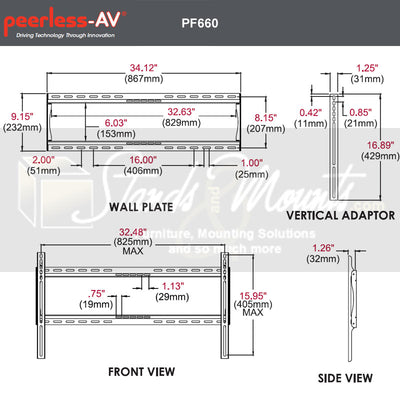 Peerless-AV PARAMOUNT Extra Large Universal Flat TV Mount PF660, flat display wall mount dimensions diagram