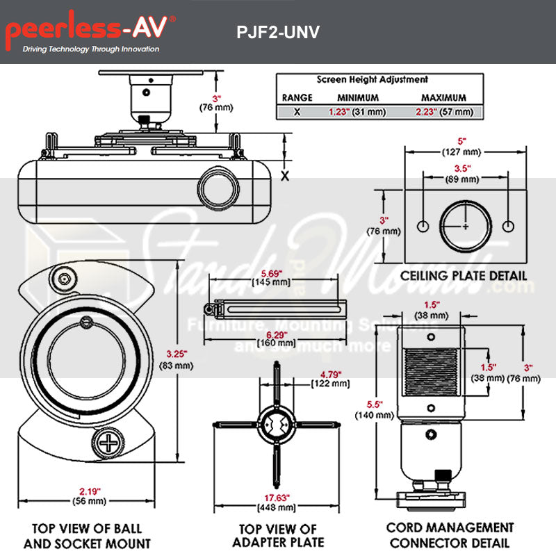 Peerless-AV Modular Projector Mount MOD-PJF2KIT150-CPF-B, projector mount dimensions and cord-management diagram
