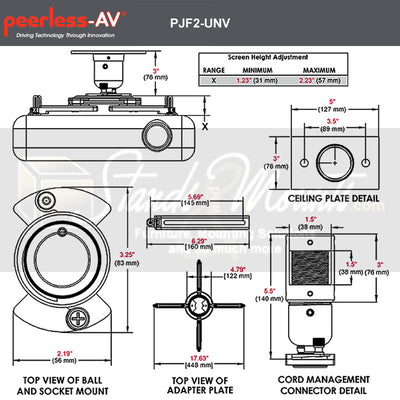 Peerless-AV Modular Projector Mount MOD-PJF2KIT150-CPF-B, projector mount dimensions and cord-management diagram