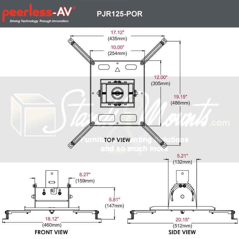 Peerless-AV Universal Portrait Projector Mount PJR125-POR, projector mount dimensions diagram