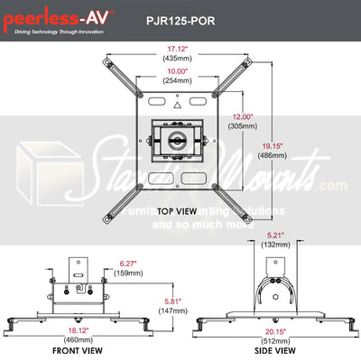 Peerless-AV Universal Portrait Projector Mount PJR125-POR, projector mount dimensions diagram
