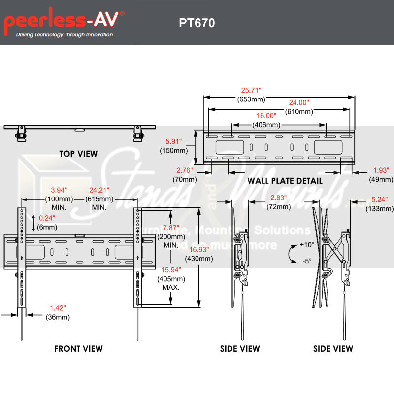 Peerless-AV Paramount XL Tilt TV Wall Mount PT670, tilting TV wall mount dimensions diagram