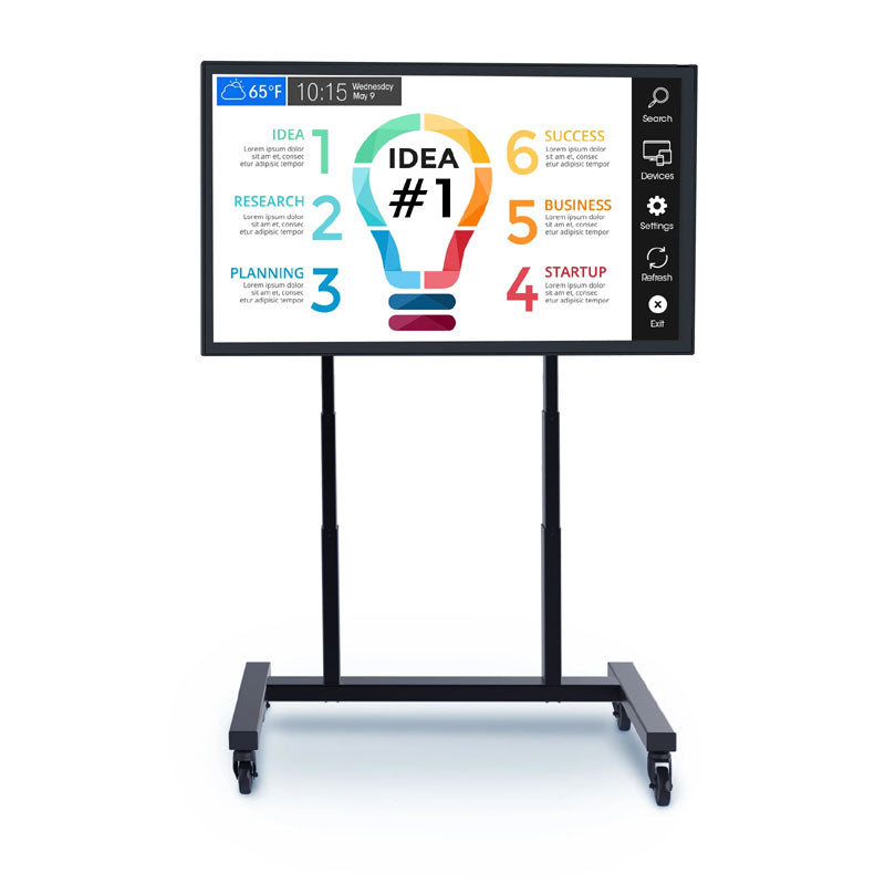 Peerless-AV XL SmartMount Motorized Height Adjust TV Cart SR598ML3E, mobile display cart front view with presentation graphic