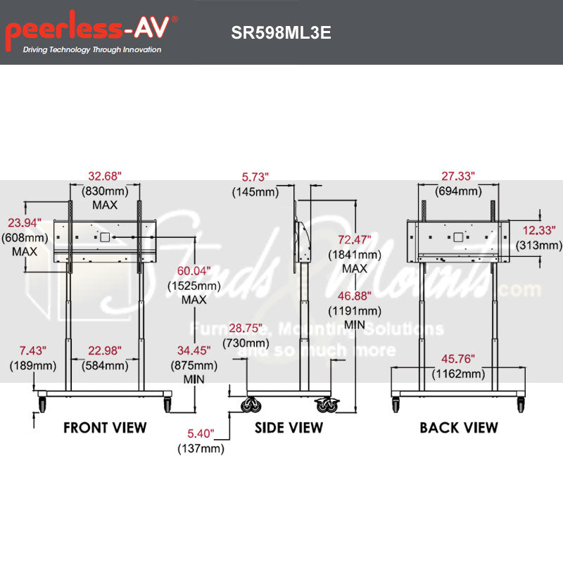 Peerless-AV XL SmartMount Motorized Height Adjust TV Cart SR598ML3E, sit-stand wall workstation dimensions diagram