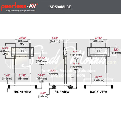 Peerless-AV XL SmartMount Motorized Height Adjust TV Cart SR598ML3E, sit-stand wall workstation dimensions diagram