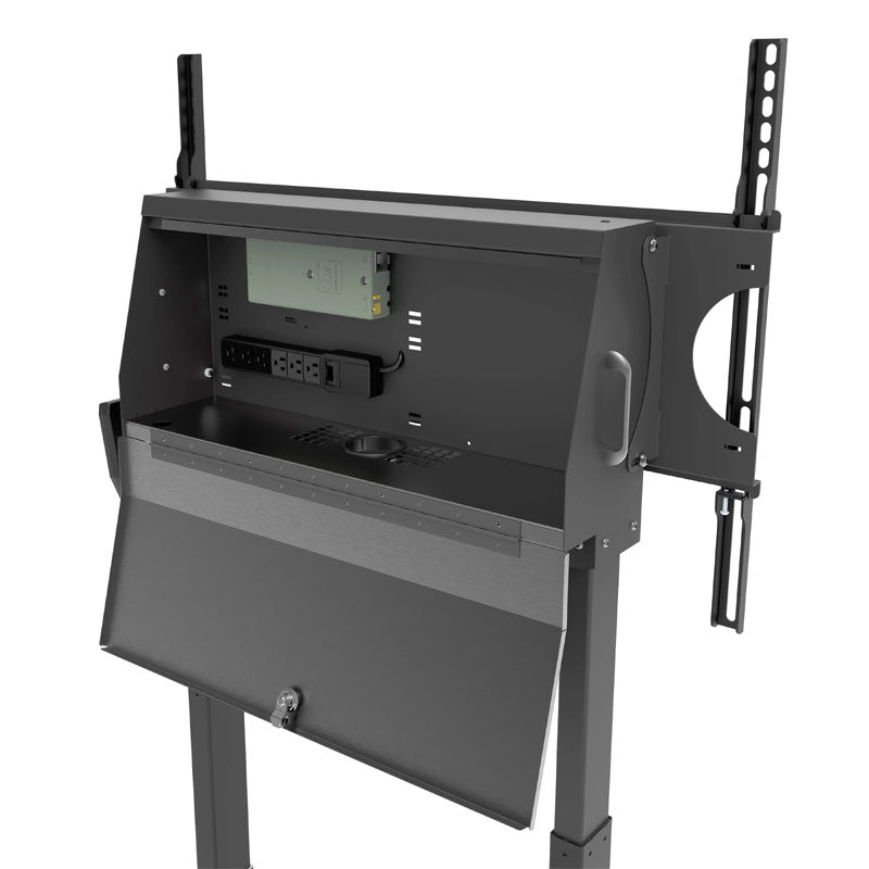 Peerless-AV XL SmartMount Motorized Height Adjust TV Cart SR598ML3, mobile display stand rear three-quarter view with equipment tray open