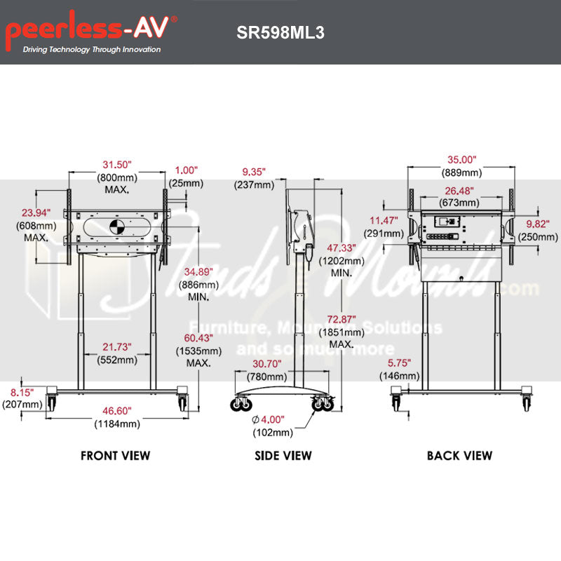 Peerless-AV XL SmartMount Motorized Height Adjust TV Cart SR598ML3, mobile display stand dimensions diagram