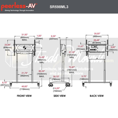 Peerless-AV XL SmartMount Motorized Height Adjust TV Cart SR598ML3, mobile display stand dimensions diagram