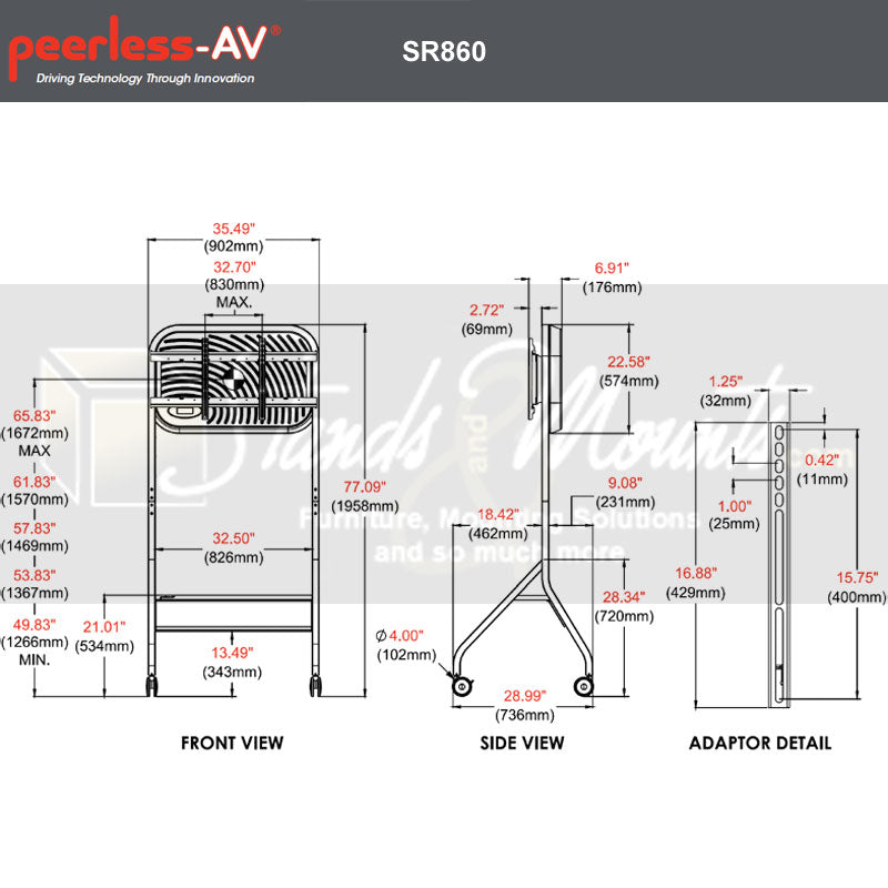 Peerless-AV SmartMount Large Universal Flat Panel Cart SR860, mobile display cart dimensions diagram