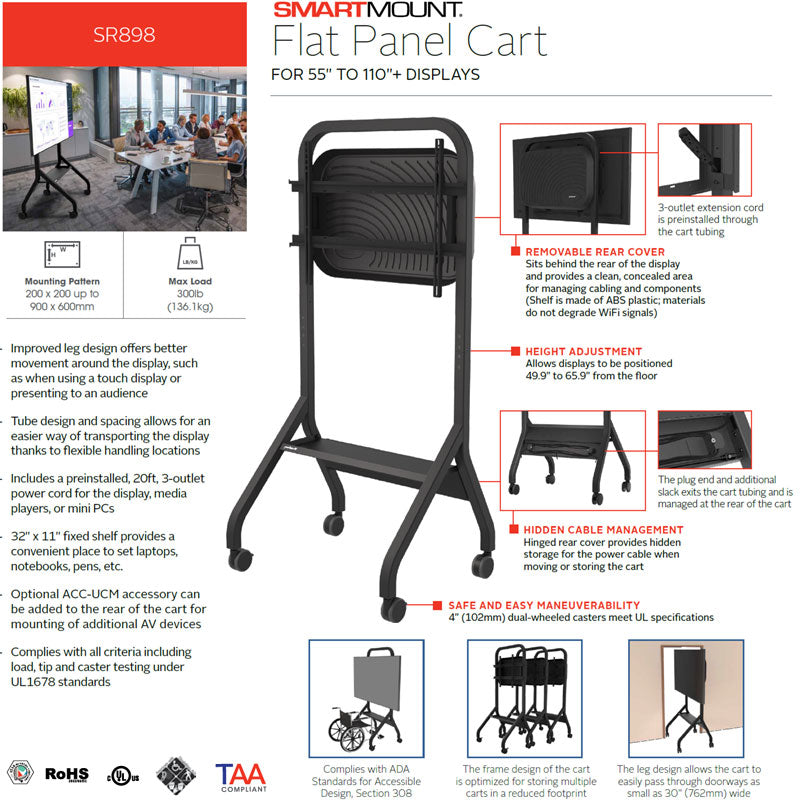 Peerless-AV SmartMount Extra Large Universal Flat Panel Cart SR898, mobile display cart feature diagram