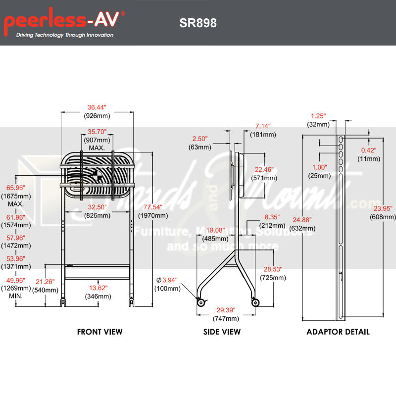Peerless-AV SmartMount Extra Large Universal Flat Panel Cart SR898, mobile display cart technical dimensions