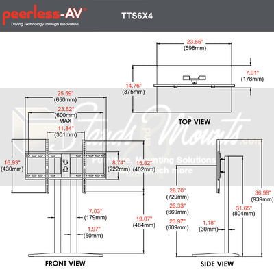 Peerless-AV TruVue Extra Large Table Top TV Stand TTS6X4, mobile presentation cart dimensions diagram