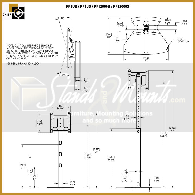 Chief Large Flat Panel Floor Stand PF1UB, projector ceiling mount technical dimensions and tilt range