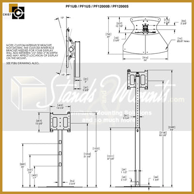 Chief Large Flat Panel Floor Stand PF1UB, projector ceiling mount technical dimensions and tilt range