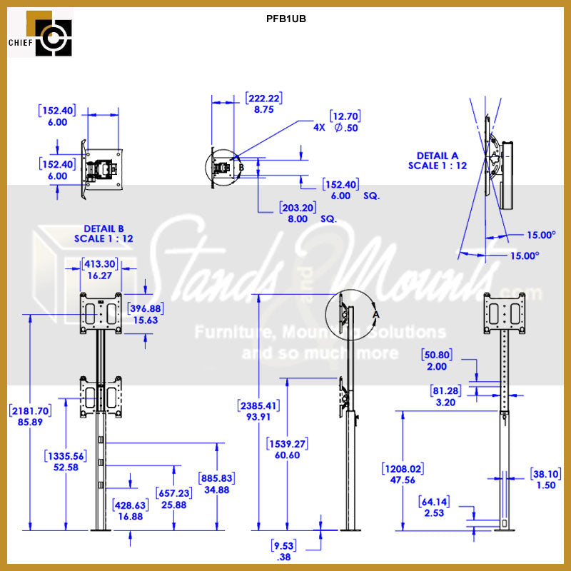 Chief Single Bolt-Down Floor Mount, PFB1UB, floor display mount technical dimensions diagram