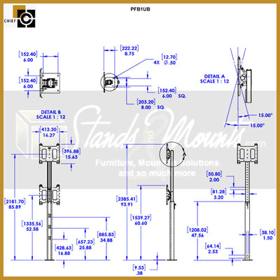 Chief Single Bolt-Down Floor Mount, PFB1UB, floor display mount technical dimensions diagram