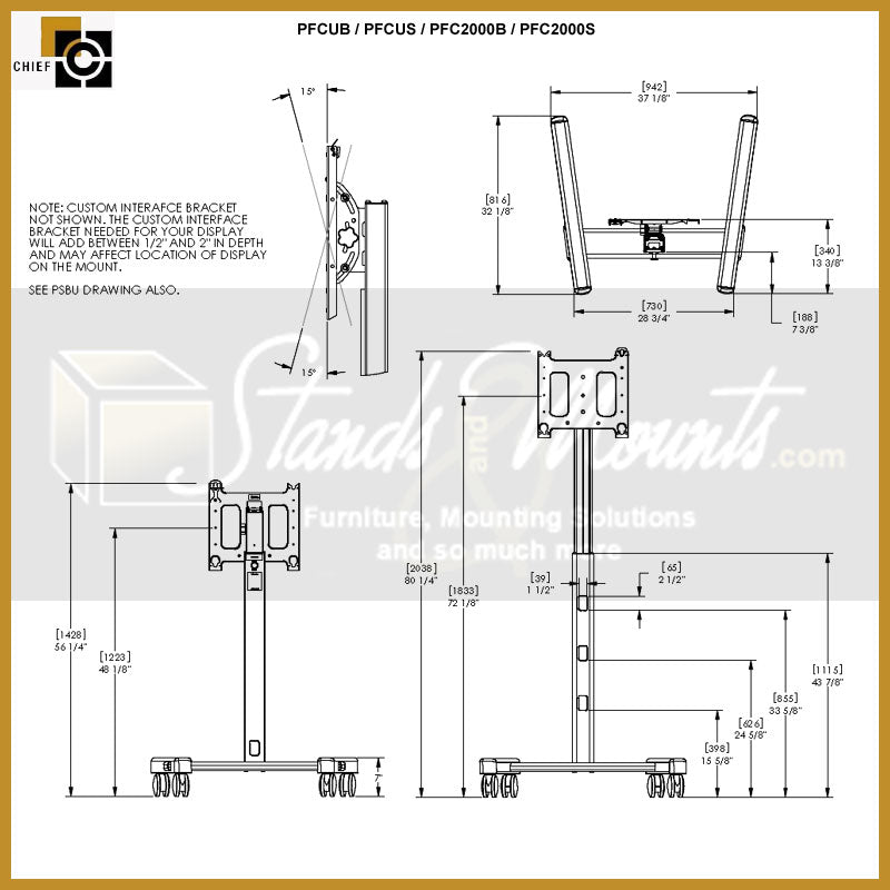 Chief TAA Compliant Large Adjustable Height Floor Cart PFCUB-G, projection screen mobile cart dimensions diagram