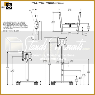 Chief TAA Compliant Large Adjustable Height Floor Cart PFCUB-G, projection screen mobile cart dimensions diagram