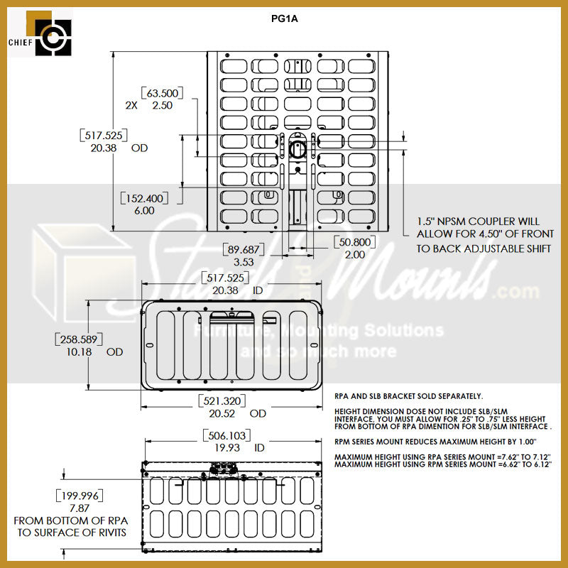 Chief Large Projector Guard Steel Security Cage PG1AW, projector security guard dimensions diagram