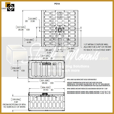 Chief Large Projector Guard Steel Security Cage PG1AW, projector security guard dimensions diagram