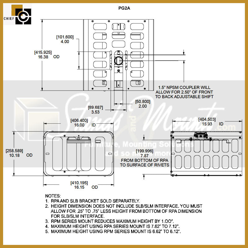 Chief Small Projector Guard Steel Security Cage PG2AW, mobile display cart shelf dimensions diagram