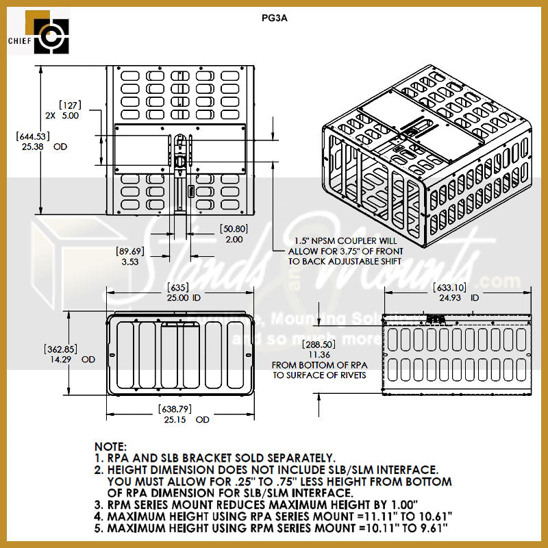 Chief XL Projector Guard Steel Security Cage PG3AW, steel projector cage technical dimensions