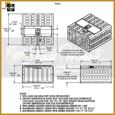 Chief XL Projector Guard Steel Security Cage PG3AW, steel projector cage technical dimensions