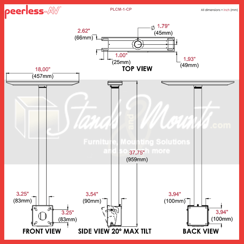 Peerless-AV Dedicated TV Ceiling Mount PLCM-1CP, floor-to-ceiling display mount dimensions diagram