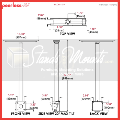 Peerless-AV Dedicated TV Ceiling Mount PLCM-1CP, floor-to-ceiling display mount dimensions diagram