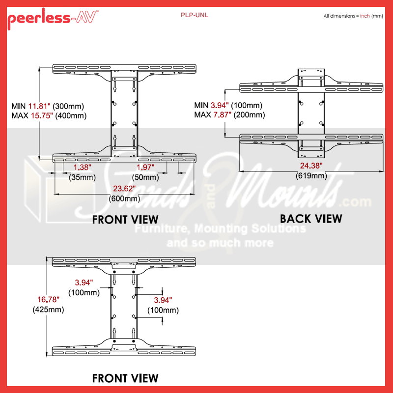 Peerless-AV Large Universal I-Shaped Adapter PLP-UNL, dual component-shelf technical dimensions