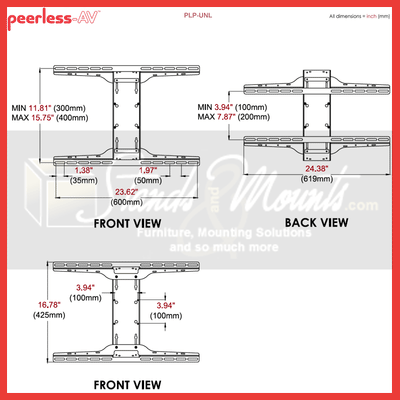 Peerless-AV Large Universal I-Shaped Adapter PLP-UNL, dual component-shelf technical dimensions