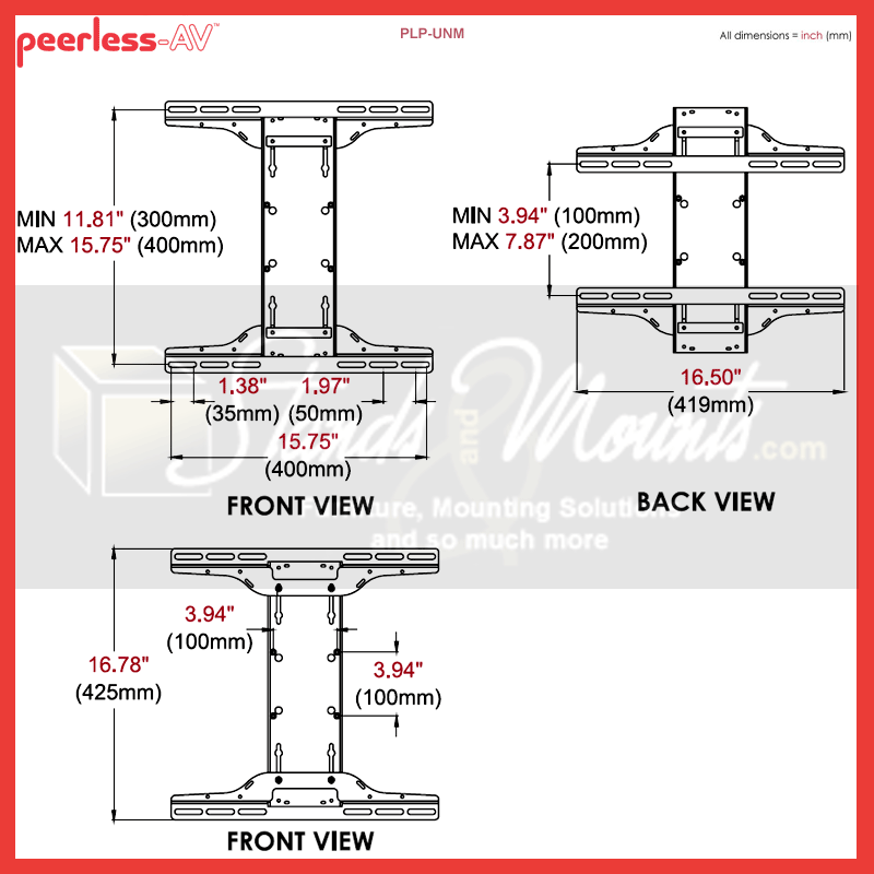 Peerless-AV Medium Universal I-Shaped Adapter PLP-UNM, ceiling projector mount extension dimensions diagram
