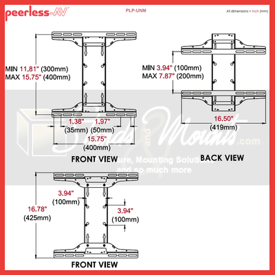 Peerless-AV Medium Universal I-Shaped Adapter PLP-UNM, ceiling projector mount extension dimensions diagram