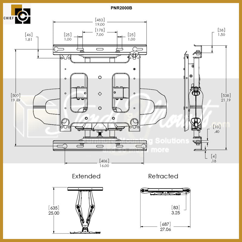 Chief Large Swing Arm TV Mount PNR2000B, articulating wall mount dimensions diagram