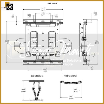 Chief Large Swing Arm TV Mount PNR2000B, articulating wall mount dimensions diagram