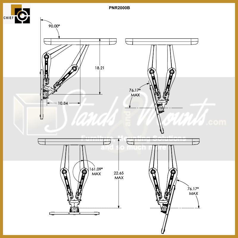 Chief Large Swing Arm TV Mount PNR2000B, articulating wall mount motion diagram