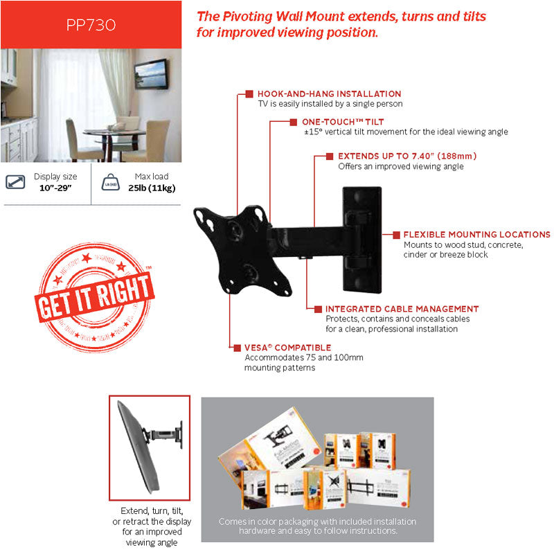 Peerless-AV PARAMOUNT Small Pivoting Wall Mount PP730, articulating TV wall mount features diagram