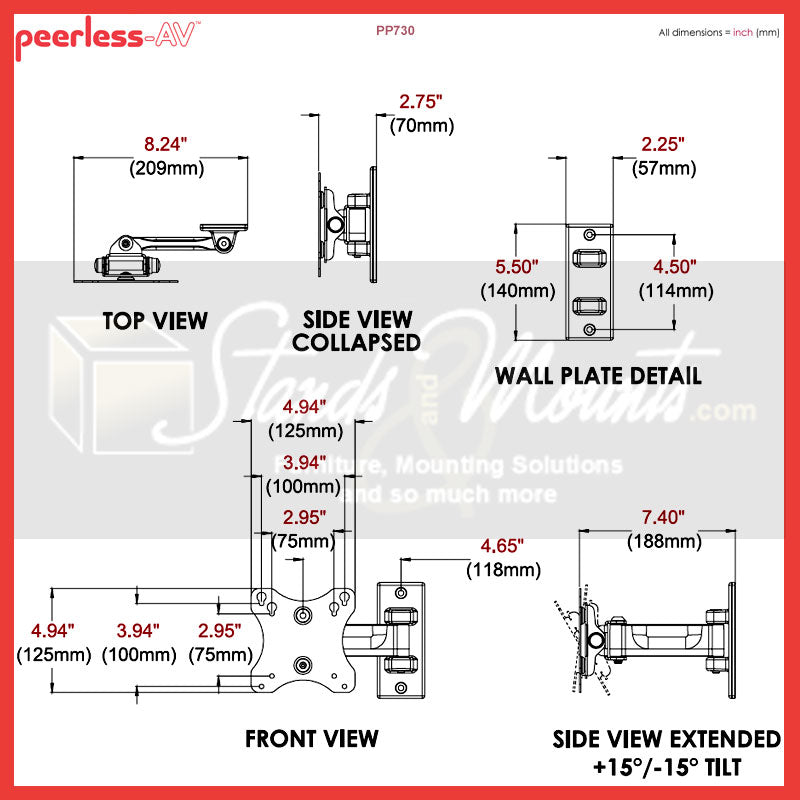 Peerless-AV PARAMOUNT Small Pivoting Wall Mount PP730, articulating TV wall mount dimensions diagram
