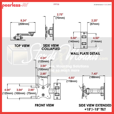 Peerless-AV PARAMOUNT Small Pivoting Wall Mount PP730, articulating TV wall mount dimensions diagram
