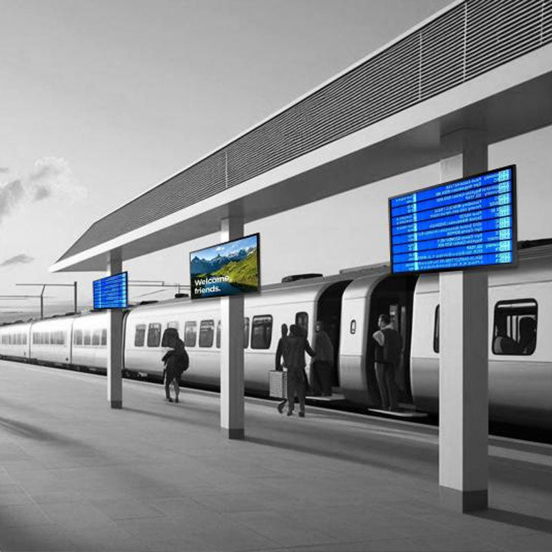 Premier Mounts Outdoor Fixed Mount 7170-1137-00, outdoor digital signage installed transit platform view
