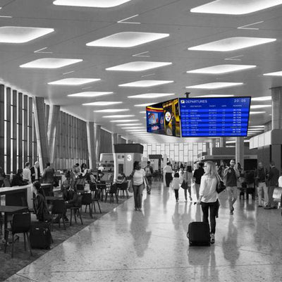Premier Mounts Ultra Tilt Dual Swivel TV Ceiling Mount, 7170-1158-00, video wall mount installed airport view