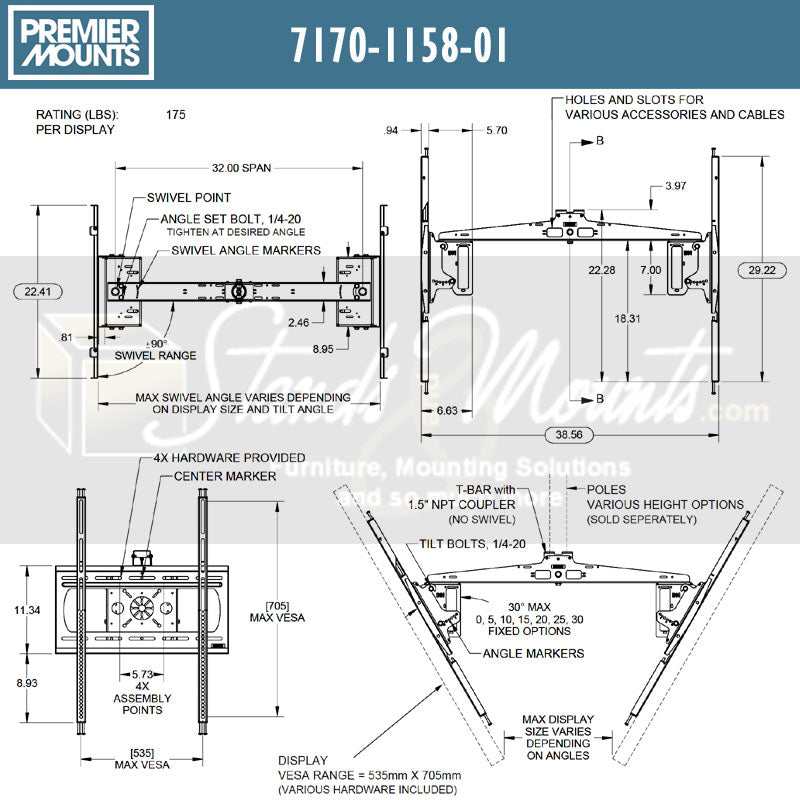 Premier Mounts Ultra Tilt Dual Swivel TV Ceiling Mount 7170-1158-01, ceiling display mount dimensions diagram