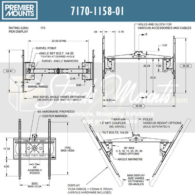 Premier Mounts Ultra Tilt Dual Swivel TV Ceiling Mount 7170-1158-01, ceiling display mount dimensions diagram