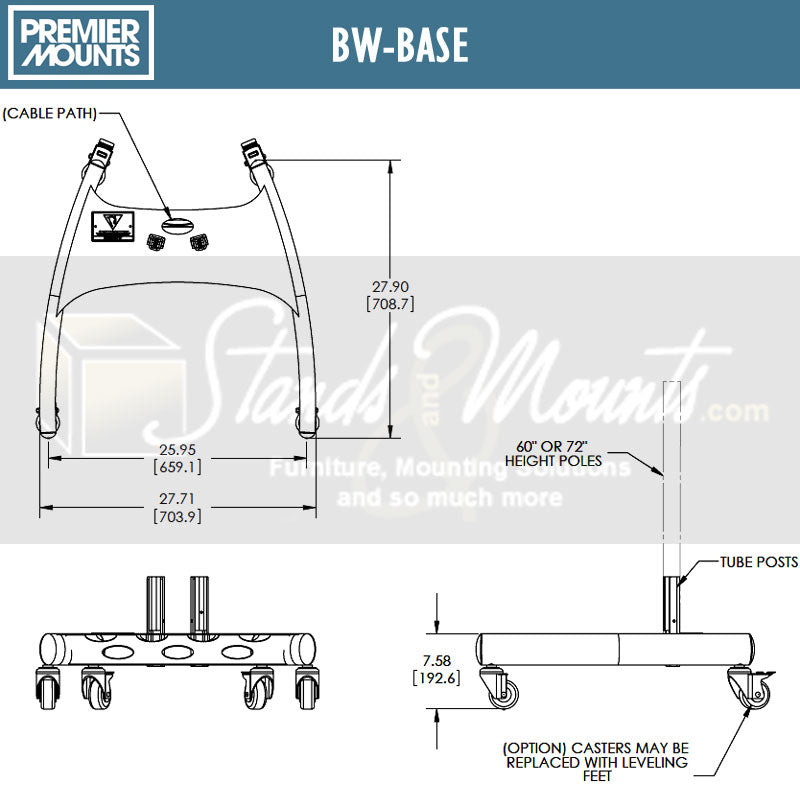 Premier Mounts Low-Profile Mobile Cart PSD-VPS, mobile stand base dimensions diagram