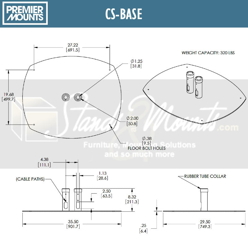 Premier Mounts Dual Display Floor Stand PSD-CS60, PSD-CS72, PSD-CS84, floor stand base dimensions diagram