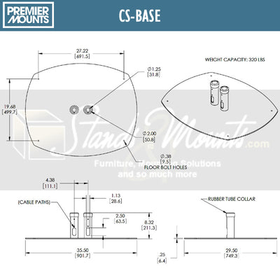 Premier Mounts Dual Display Floor Stand PSD-CS60, PSD-CS72, PSD-CS84, floor stand base dimensions diagram
