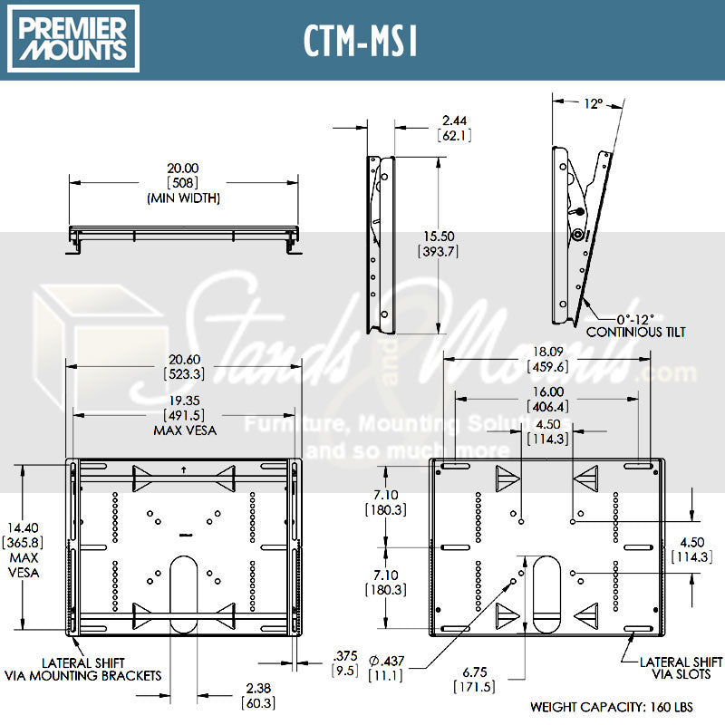 Premier Mounts Medium Tilt TV Wall or Stand Mount CTM-MS1, tilting display wall mount dimensions diagram